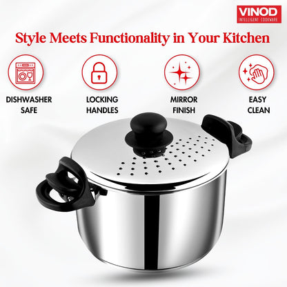 Vinod Stainless Steel Rice Pot with Strainer Lid - 4 L, 20cm | Noodles & Pasta Steamer, Rice Maker Cooker & Veggies Boiler with Locking Handles, 3-Layer SAS Induction Bottom, Small - 2 Year Warranty