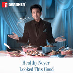 BERGNER Excalibur Lightweight Cast Iron Tadka Pan with Lid 12cm, Non-Stick Vaghar Pan, PFAS Free, Perfect Heat Distribution, Elegant Design, Silicone Grips - Induction and Gas Stove Ready (Blue)