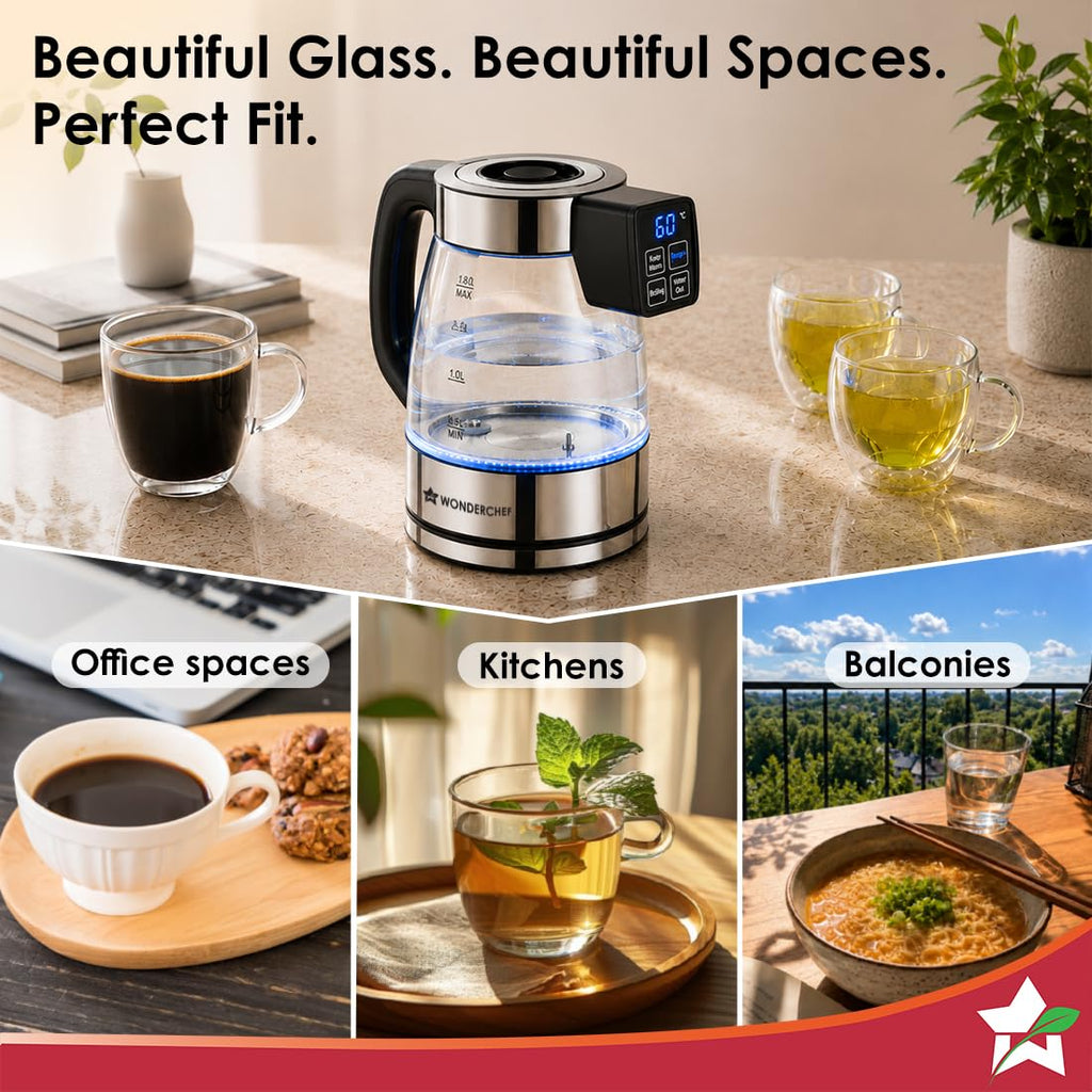 Wonderchef Crystal Tap & Flow Glass Kettle & Hot Water Dispenser, 1.7 L Borosilicate Glass Jar, Built-in Battery, Temperature Sensor & Control, Multi-purpose, Portable inside Homes, 1-Yr Warranty