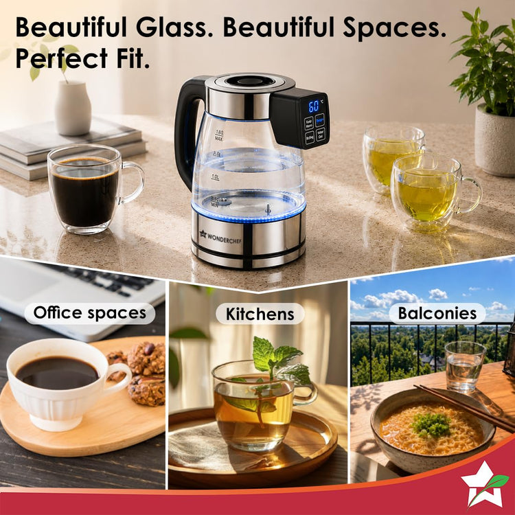Wonderchef Crystal Tap & Flow Glass Kettle & Hot Water Dispenser, 1.7 L Borosilicate Glass Jar, Built-in Battery, Temperature Sensor & Control, Multi-purpose, Portable inside Homes, 1-Yr Warranty