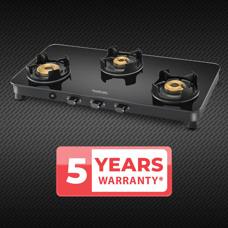 Hindware Smart Appliances | Alverio 3 Burner Glass Gas Stove | 8mm Thick Toughened Glass | Double Drip Tray | Corrosion Resistant Brass Burners Safe For Utensils (Black, Auto-Ignition) - Open