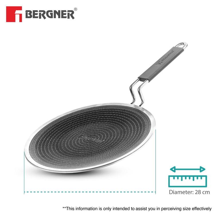 BERGNER Hi-Tech Giro Triply Stainless Steel 28cm Roti Tawa, Honeycomb Mesh Non-Stick Coating, PFOA Free, Even Heat Distribution, Sturdy and Durable Stay Cool Handle - Induction and Gas Stove Ready