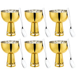 FNS Basil Stainless Steel Bowls Set with 6 Bowls and 6 Spoons for Ice Cream/Pudding/Dessert | Fancy Serving Bowls for Snacks (Gold)