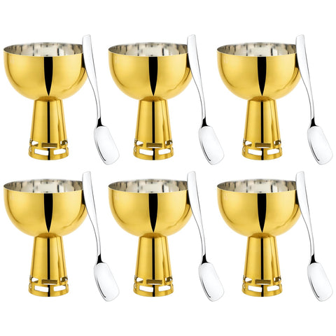 FNS Basil Stainless Steel Bowls Set with 6 Bowls and 6 Spoons for Ice Cream/Pudding/Dessert | Fancy Serving Bowls for Snacks (Gold)