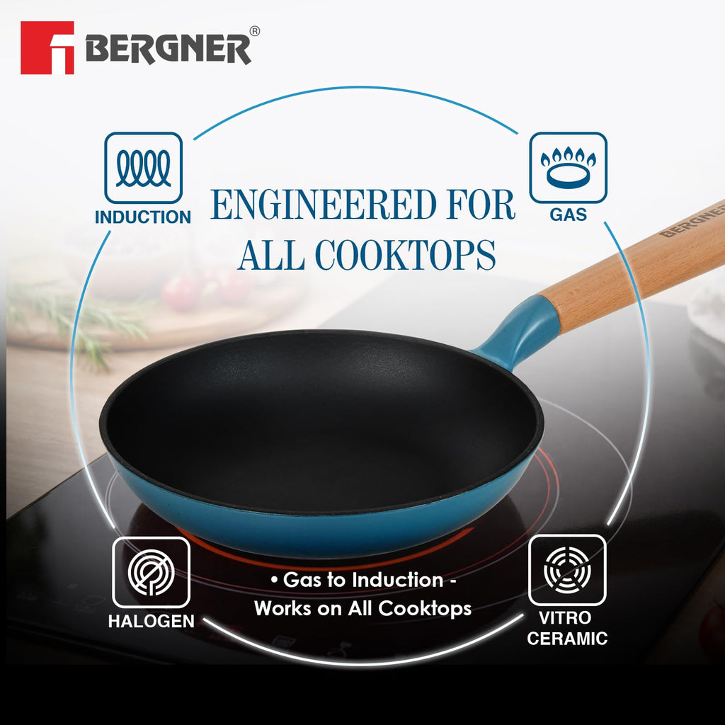 BERGNER Excalibur Lightweight Cast Iron Frypan 18cm, Sturdy Wooden Handle, Non-Stick Coating, PFAS Free, Perfect Heat Distribution, Elegant Design - Induction and Gas Stove Ready (Blue)