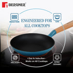 BERGNER Excalibur Lightweight Cast Iron Frypan 18cm, Sturdy Wooden Handle, Non-Stick Coating, PFAS Free, Perfect Heat Distribution, Elegant Design - Induction and Gas Stove Ready (Blue)