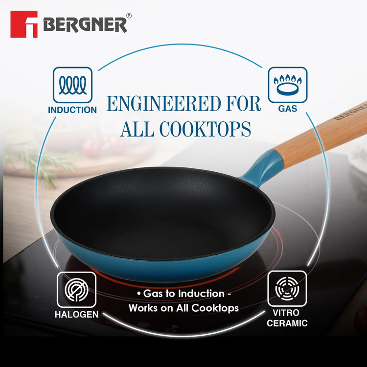 BERGNER Excalibur Lightweight Cast Iron Frypan 18cm, Sturdy Wooden Handle, Non-Stick Coating, PFAS Free, Perfect Heat Distribution, Elegant Design - Induction and Gas Stove Ready (Blue)