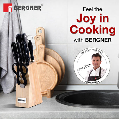 BERGNER Shark Stainless Steel 8 Pcs Knife Set - Chef Knife, Bread Knife, Boning Knife, Utility Knife, Paring Knife, Sharpener, Scissor and Wooden Block, Durable and Sharp Blade, Soft Touch Handle