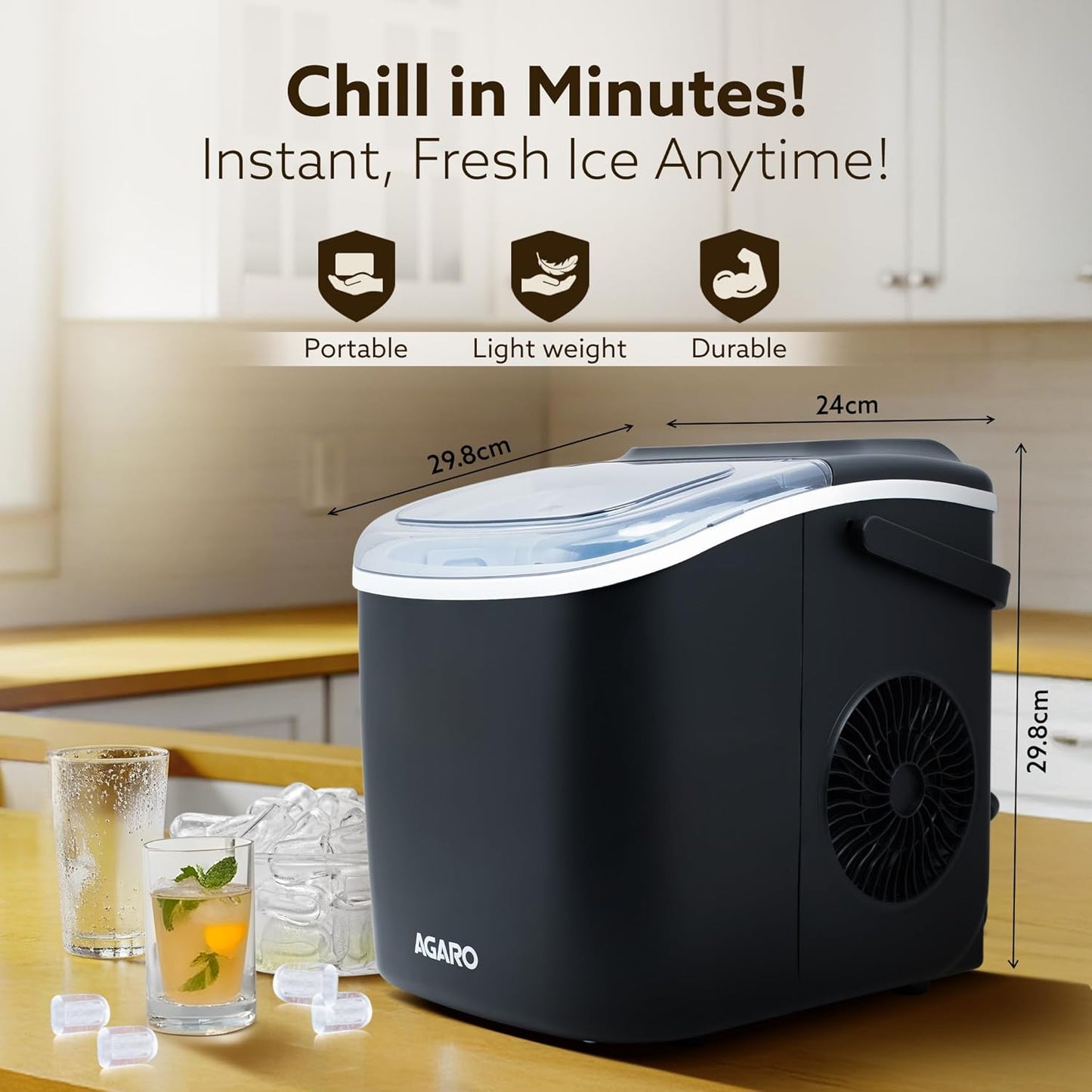AGARO Marvel Ice Maker 1.2L Countertop Portable Machine, 9 Cubes in 6 Mins, 2 Bullet Ice Sizes, Fast Ice Making for Home Kitchen, Office, Parties, Self-Cleaning with Handle (Black)