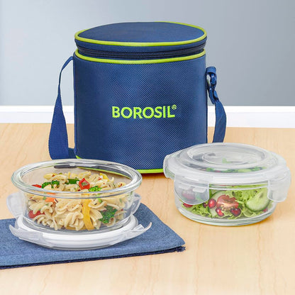 Borosil Klip n Store Lunchbox with Bag | Set of 2 (400ml Each) | Borosilicate Glass, Round, Vertical | Microwave & Dishwasher Safe, Leak Proof | Tiffin for Office, School, College