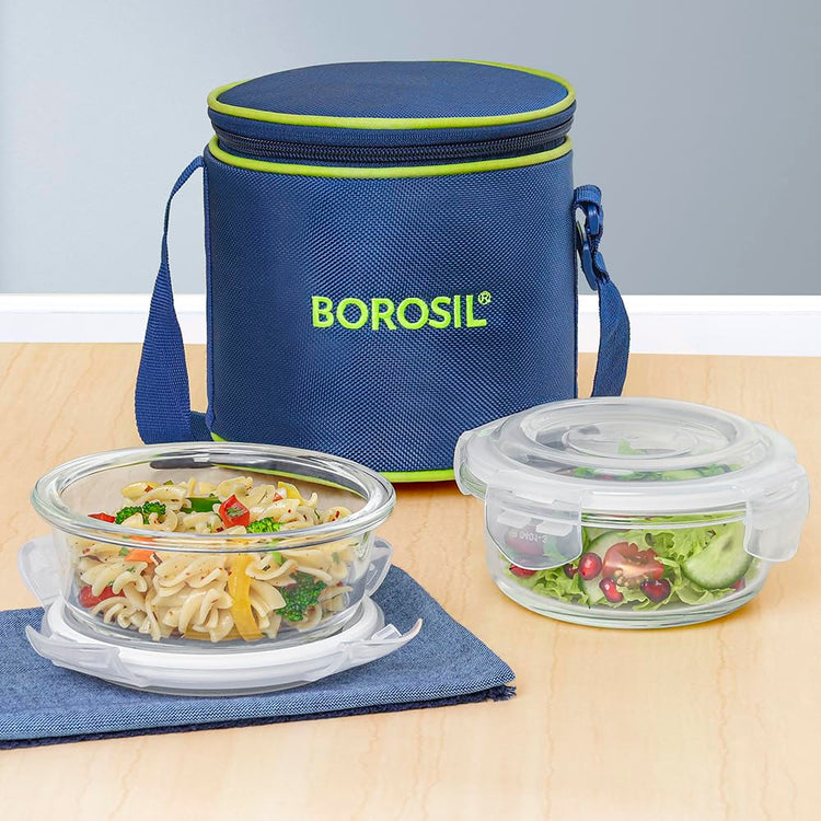 Borosil Klip n Store Lunchbox with Bag | Set of 2 (400ml Each) | Borosilicate Glass, Round, Vertical | Microwave & Dishwasher Safe, Leak Proof | Tiffin for Office, School, College