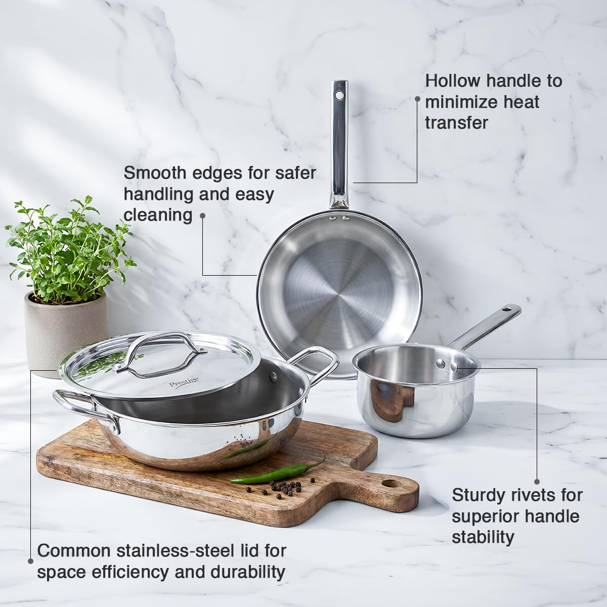 Prestige TRIPLY 4 Pc Cookware Set | TRIPLY Splendid | Fry Pan 24cm/1.7L | Kadai 24cm/2.7L | Sauce Pan 16cm/1.5L | SS Lid 24cm | Gas & Induction Compatible | Even Heat Distribution | 15Y Warranty | ISI