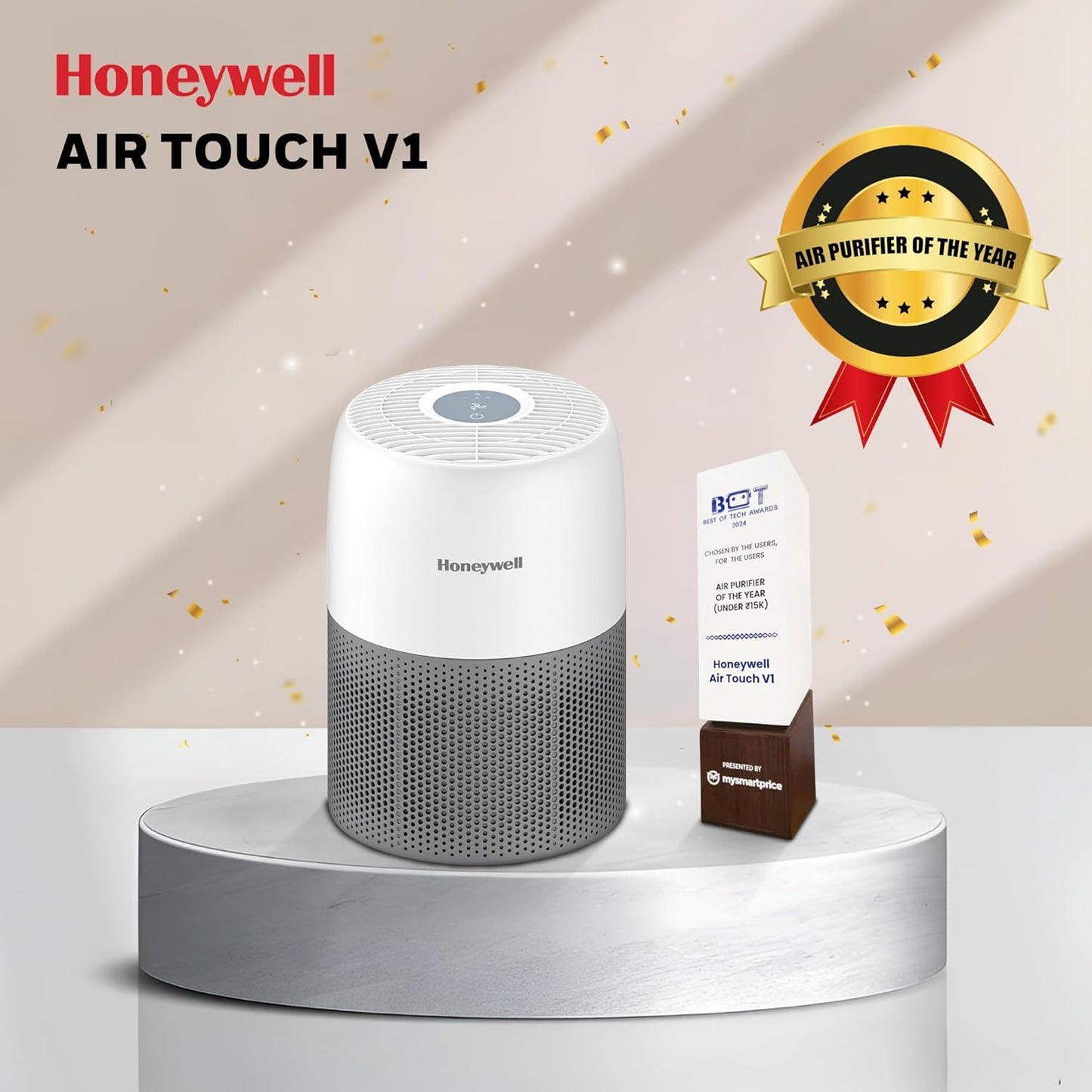 Honeywell Air Purifier for Home & Office, 3-in-1, Pre, H13 HEPA, Activated Carbon, Removes 99.99% Pollutants, Allergens, Pet Danger, Smoke, Dust & Pollens - Air touch V1