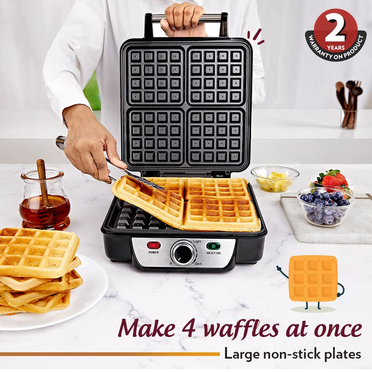 Borosil 1100W Jumbo Waffle Maker | Can Make 4 Waffles At a Time | Non-Stick Coating Plates Opens to 105°, BPA & PTFE Free | Power Indicators | 2 Year Warranty