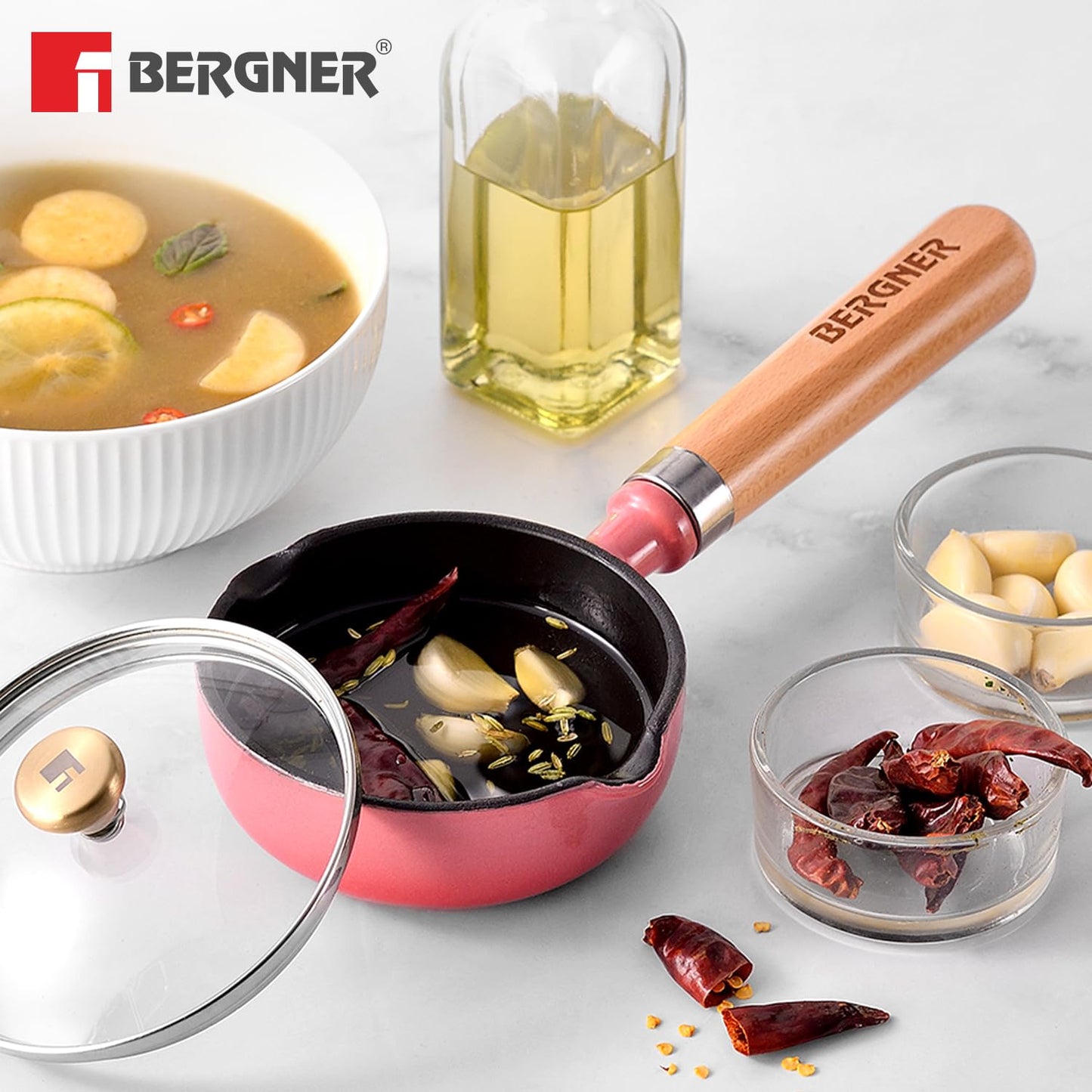 BERGNER Excalibur Lightweight Cast Iron Tadka Pan with Lid 12cm, Non-Stick Vaghar Pan, PFAS Free, Perfect Heat Distribution, Elegant Design, Silicone Grips - Induction and Gas Stove Ready (Pink)