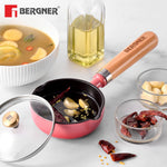 BERGNER Excalibur Lightweight Cast Iron Tadka Pan with Lid 12cm, Non-Stick Vaghar Pan, PFAS Free, Perfect Heat Distribution, Elegant Design, Silicone Grips - Induction and Gas Stove Ready (Pink)