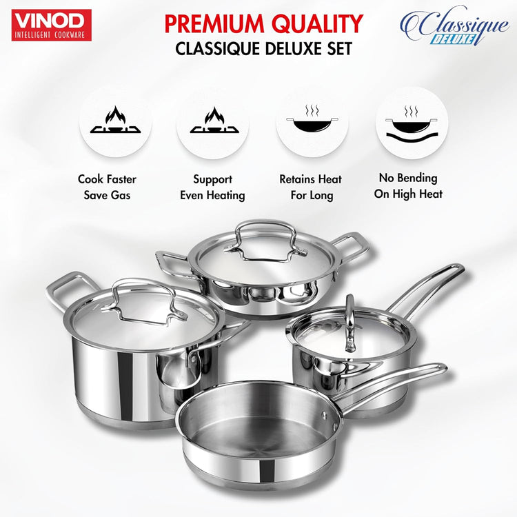 Vinod Classique Deluxe Stainless Steel Cookware Set of 4 pcs/Saucepan, Saucepot, Kadai and Frypan/Steel Utensils Cooking Set for Kitchen, Heavy Induction Bottom - 2 Year Warranty