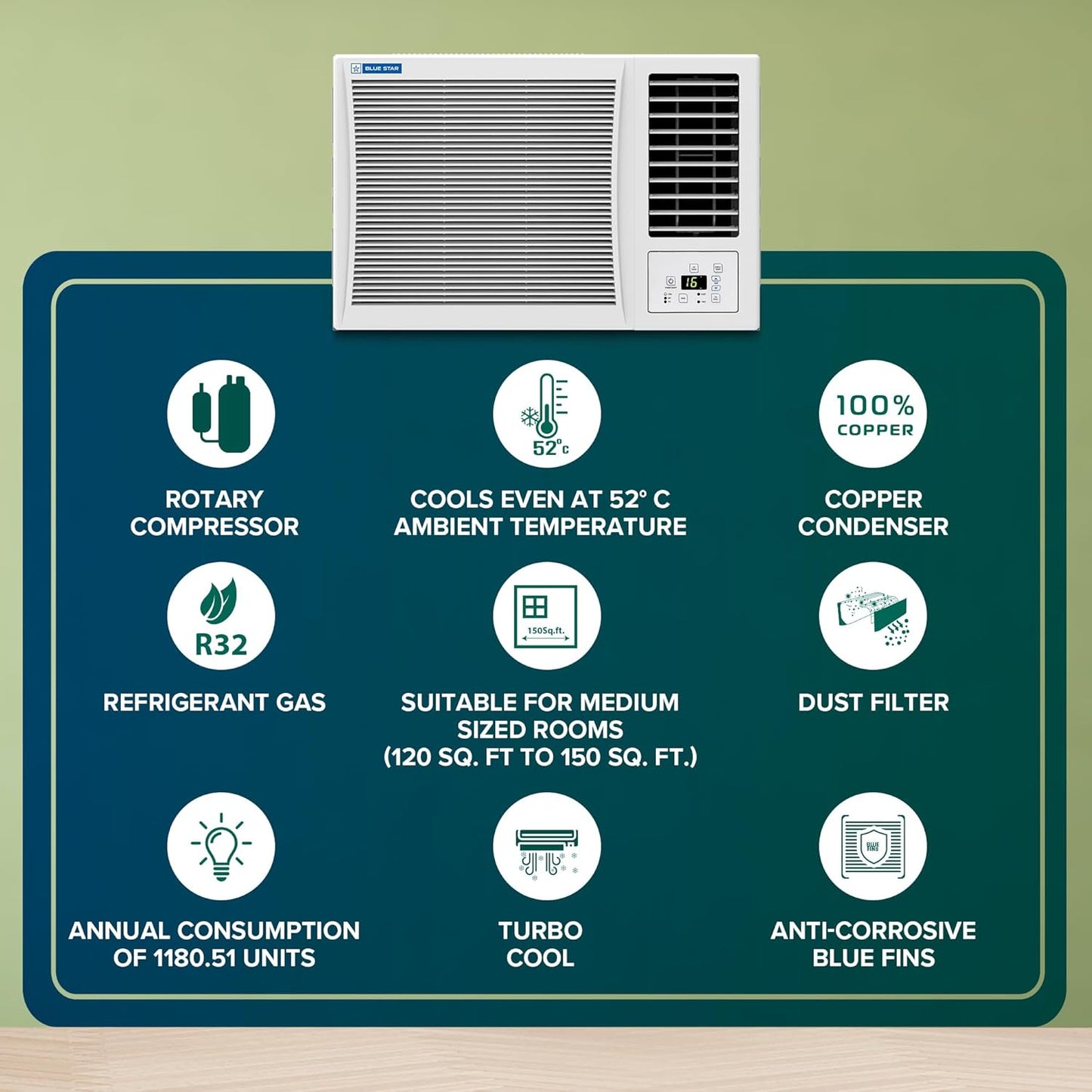 Bluestar 1.5 Ton 3 Star Fixed Speed Window AC (Copper, Turbo Cool, Fan Modes-Auto/High/Medium/Low, Hydrophilic Blue Fins, Dust Filters, Self-Diagnosis, 2024 Model, WFD318P, White)