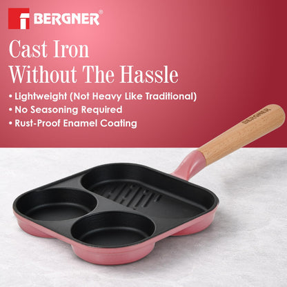 BERGNER Excalibur Lightweight Cast Iron 18cm Breakfast Pan, Sturdy Wooden Handle, Non-Stick Coating, PFAS Free, Perfect Heat Distribution, Elegant Design - Induction Compatible (Pink)