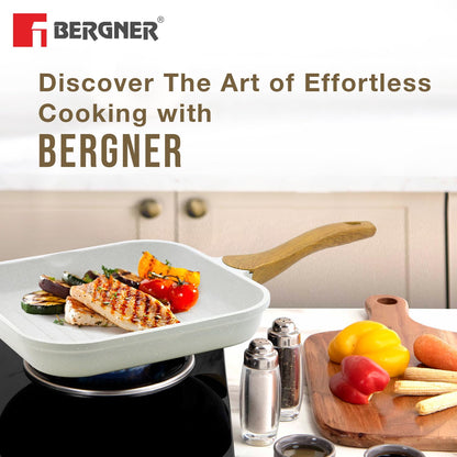 BERGNER Naturally Cast Aluminum 26cm Grill Pan, Marble Non-Stick Coating, Less Oil Use, Scratch Resistant and Durable, Soft Touch Handle, Easy to Clean - Induction Bottom, Free Non-Woven Trivet