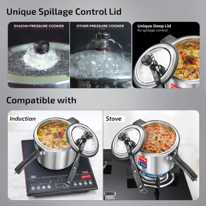 Prestige 5L+3L Triply Svachh Inner Lid Pressure Cooker Combi with 2 Lids|Gas & Induction Compatible|Deep lid for spillage control|Triply body for even heat distribution|5 Years Warranty|ISI Certified