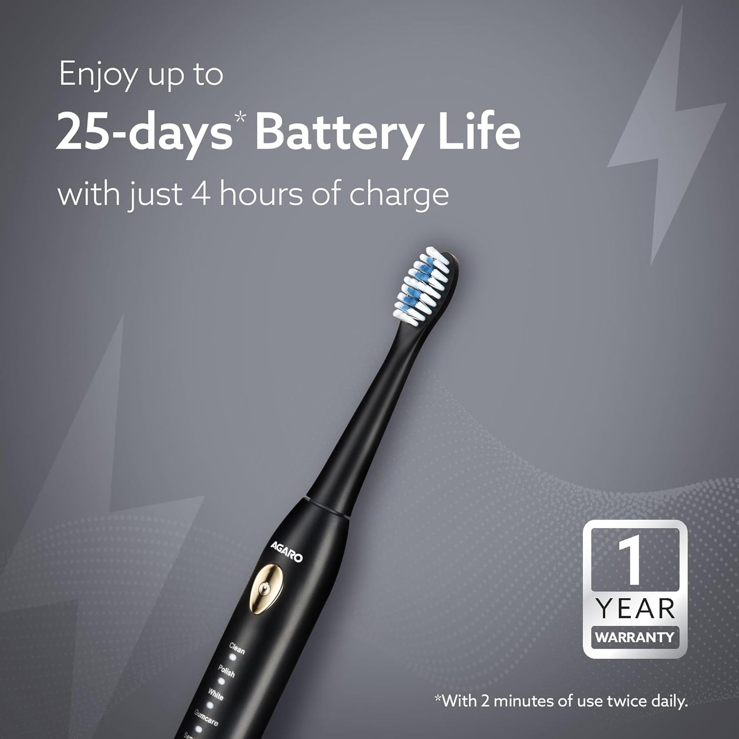 AGARO COSMIC LITE Sonic Electric Tooth Brush For Adults With 5 Modes, 2 Brush Heads & Rechargeable With 4 Hours Charge Lasting Up To 25 Days, Power Toothbrush, (Black)