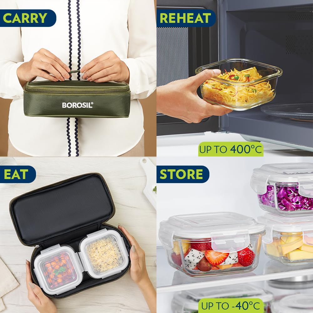 Borosil Eateasy Borosilicate Glass Lunchbox with Bag | 2 pc Square Container Set (320 ml Each) | Microwave & Dishwasher Safe, Leakproof | Tiffin for Office, School, College | Transparent, Horizontal