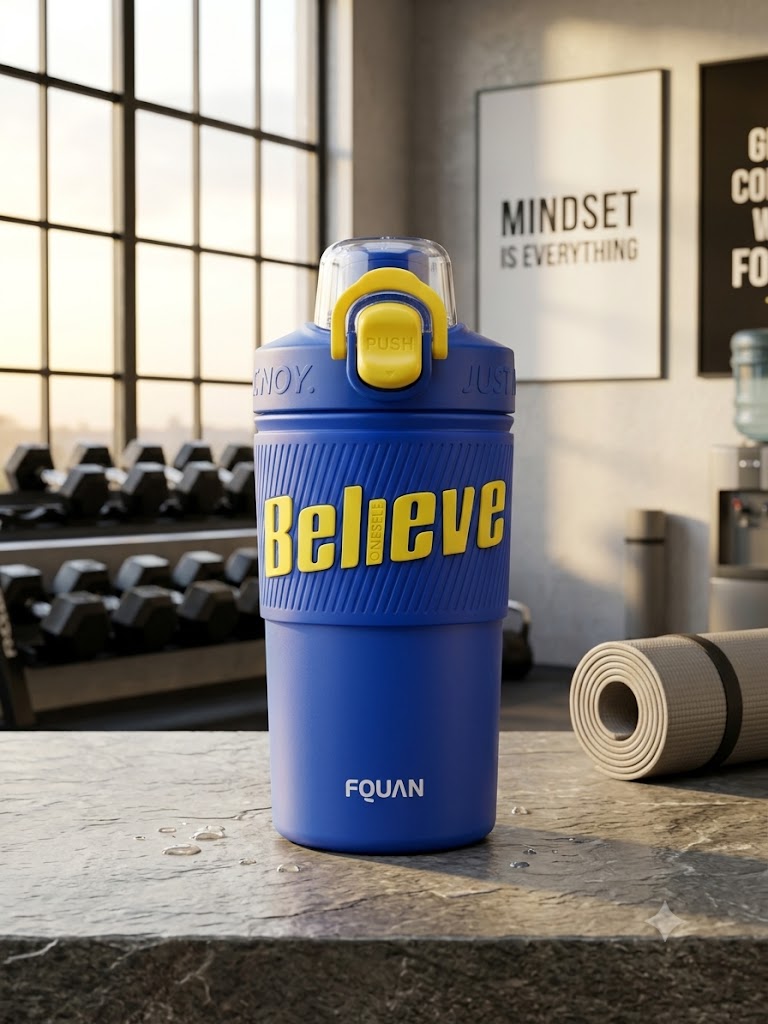 480ml Insulated Stainless Steel Gym Shaker Bottle | 304 Grade Double Wall Vacuum Protein Shaker | Leakproof BPA-Free Sports Water Bottle with Easy Carry Handle & Push Button Lid | Hot & Cold Flask-Blue