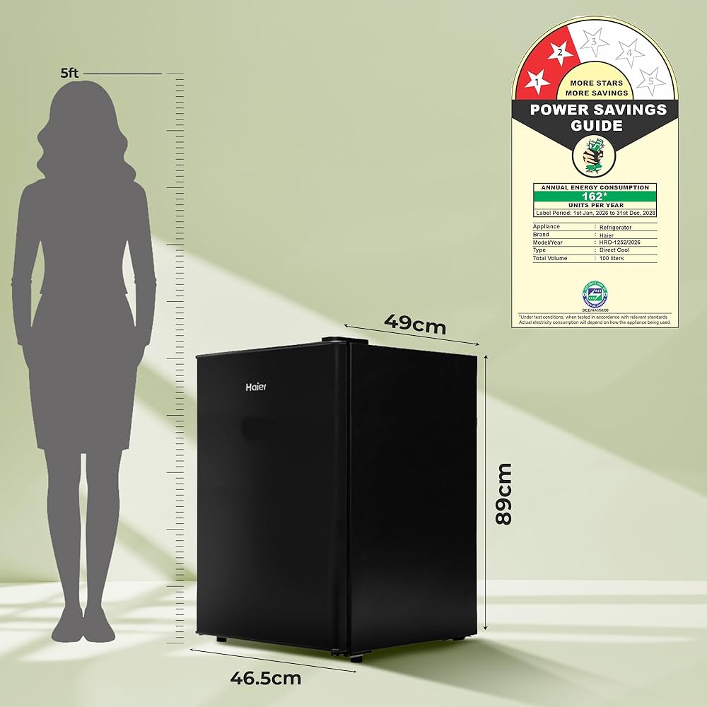 Haier 100 L 2 Star Direct Cool Single Door Mini Bar Refrigerator with Chiller Freezer Box, LED Light for Clear View, Lock & Key and Easy Clean Back (HRD-1252KSA, Black Steel, 2026 Model)