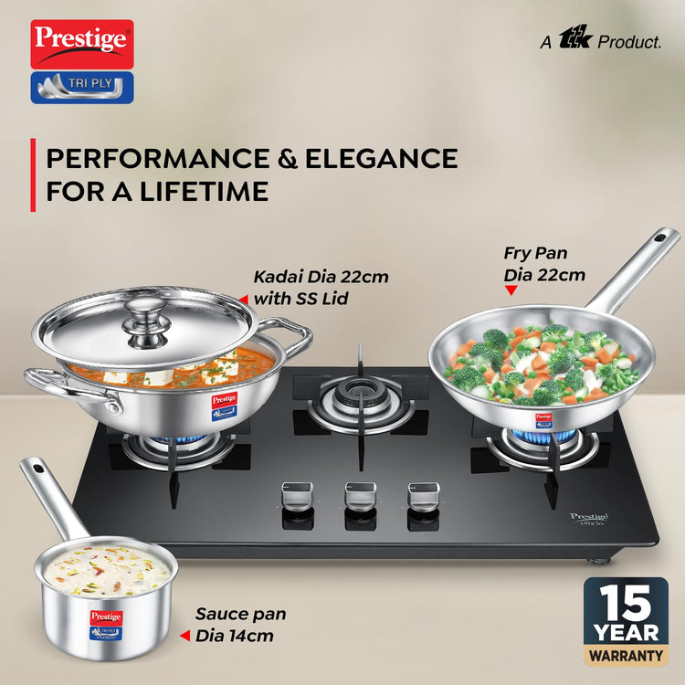 Prestige TRIPLY 4 Pc Cookware Set | TRIPLY Splendid | Fry Pan 22cm/1.9L | Kadai 22cm/2.5L | Sauce Pan 14cm/1.3L | SS Lid 24cm | Gas & Induction Compatible | Even Heat Distribution | 15Y Warranty | ISI