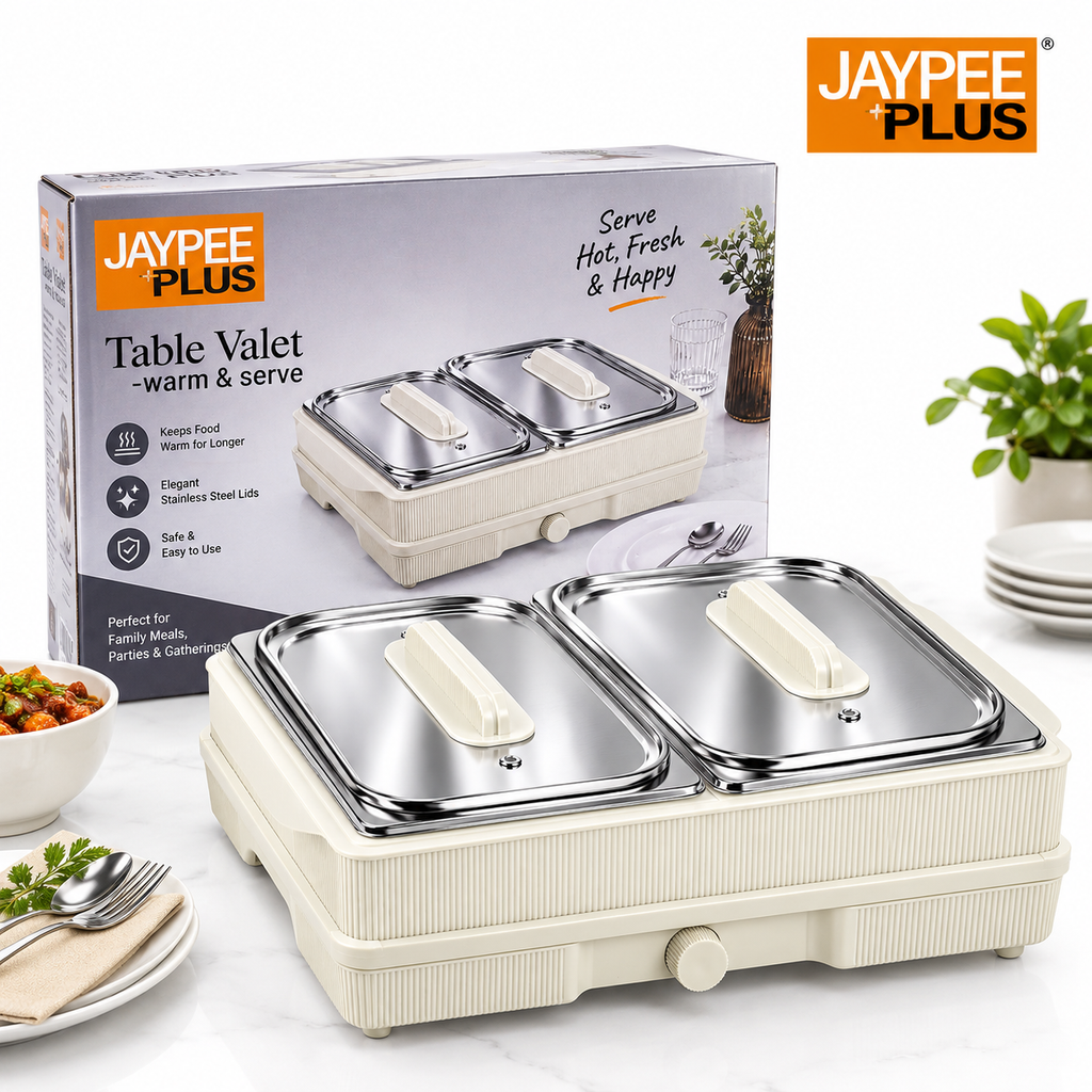 Jaypee Plus Table Valet Food Warmer & Serving Hot Plate 150W with Toughened Glass Top, Adjustable Heat Regulator & Stainless Steel Bowl Compatibility(1.8LTR each)