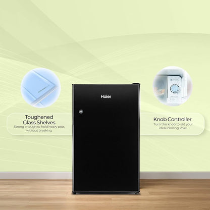 Haier 100 L 2 Star Direct Cool Single Door Mini Bar Refrigerator with Chiller Freezer Box, LED Light for Clear View, Lock & Key and Easy Clean Back (HRD-1252KSA, Black Steel, 2026 Model)