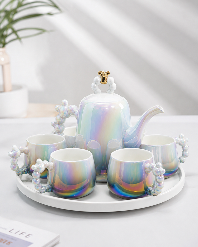 Imported Luxury Ceramic Tea Kettle Set with 6 Cups & 360° Rotating Serving Tray | Premium Iridescent Porcelain Tea Set for Home, Office & Gifting-Dark Grey & White