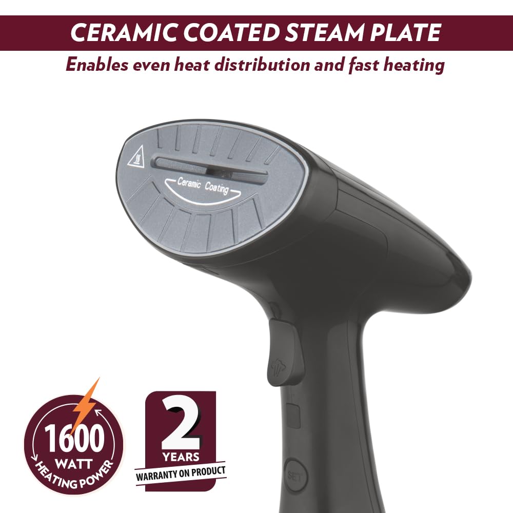 Borosil 1600W Handheld Garment Steamer | Ceramic Coated Soleplate | Dual Steam Modes (Horizontal & Vertical Ironing) | 120ml Detachable Water Tank | Overheat Protection | 2 Year Warranty (GS02)