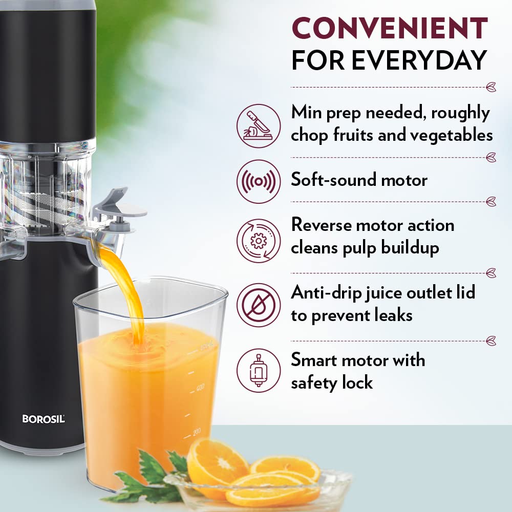 Borosil 130W Easy Cold Press Slow Juicer | Compact Design Portable Less Oxidation, Anti Drip Outlet Lid | Fruit & Vegetable Juicer | 1 Year Warranty | Black