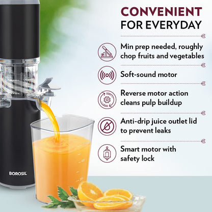 Borosil 130W Easy Cold Press Slow Juicer | Compact Design Portable Less Oxidation, Anti Drip Outlet Lid | Fruit & Vegetable Juicer | 1 Year Warranty | Black