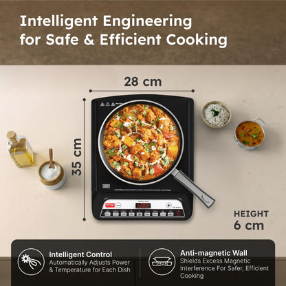 Prestige Pic 20 Neo Induction Cooktop 1600W|Indian Menu Options| Automatic Voltage Regulator| Timer With User Pre-Set, Manual, Black