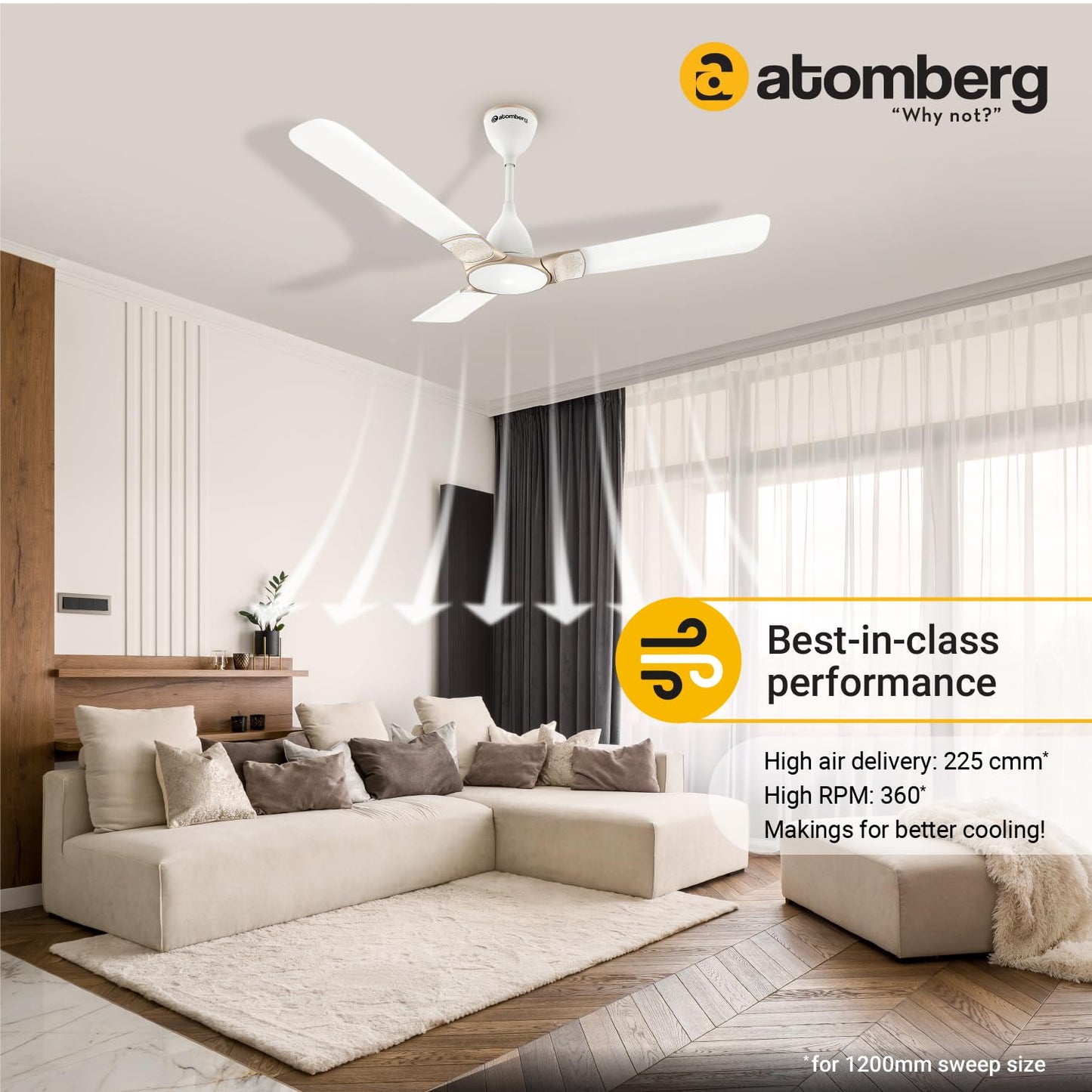 Atomberg Erica 1200mm BLDC Ceiling Fan with Remote Control | BEE 5 star Rated Energy Efficient Ceiling Fan | High Air Delivery with LED Indicator | 2+1 Year Warranty (Snow White)