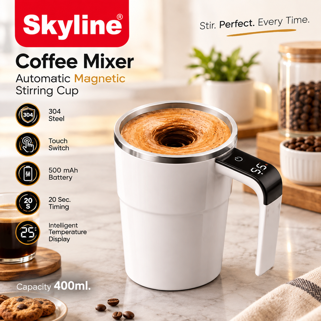 Skyline CM-1206 Automatic Magnetic Coffee Mixer Mug 400ml | 304 Stainless Steel Stirring Cup with Touch Switch, 500mAh Battery, 20-Second Timer & Temperature Display