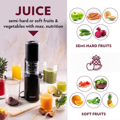 Borosil 130W Easy Cold Press Slow Juicer | Compact Design Portable Less Oxidation, Anti Drip Outlet Lid | Fruit & Vegetable Juicer | 1 Year Warranty | Black