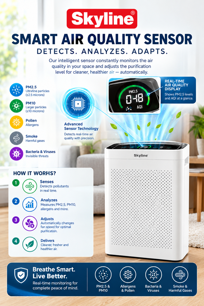 Skyline Smart Air Purifier with True HEPA-13 Filter, PM2.5 & AQI Display, Smart Air Quality Sensor, Filter Replacement Reminder & 8-Hour Timer – Up to 50m²