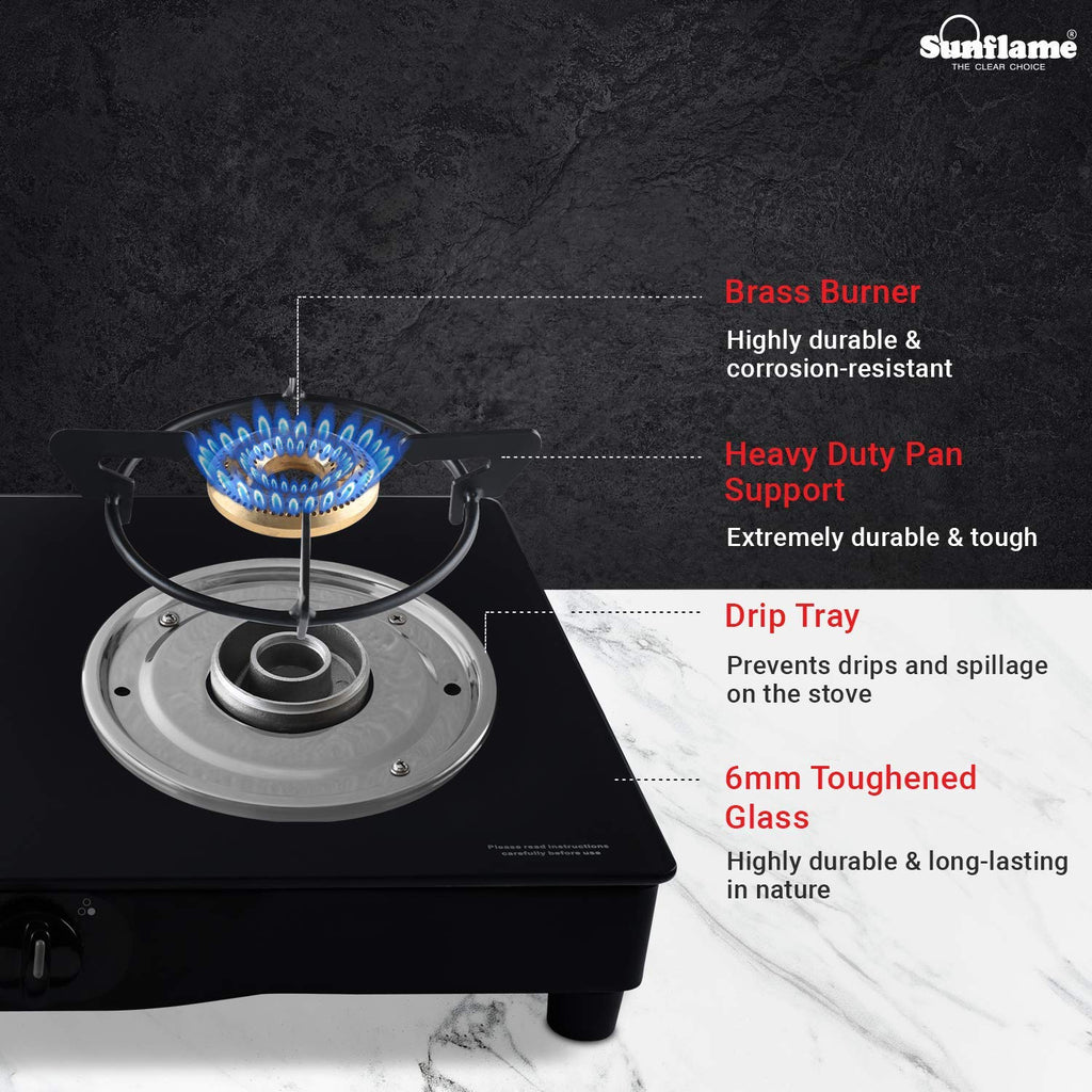 SUNFLAME CENTA 3 Burner Toughened Glass Top Gas Stove with 2 years Made In India.(Manual Ignition, Black)