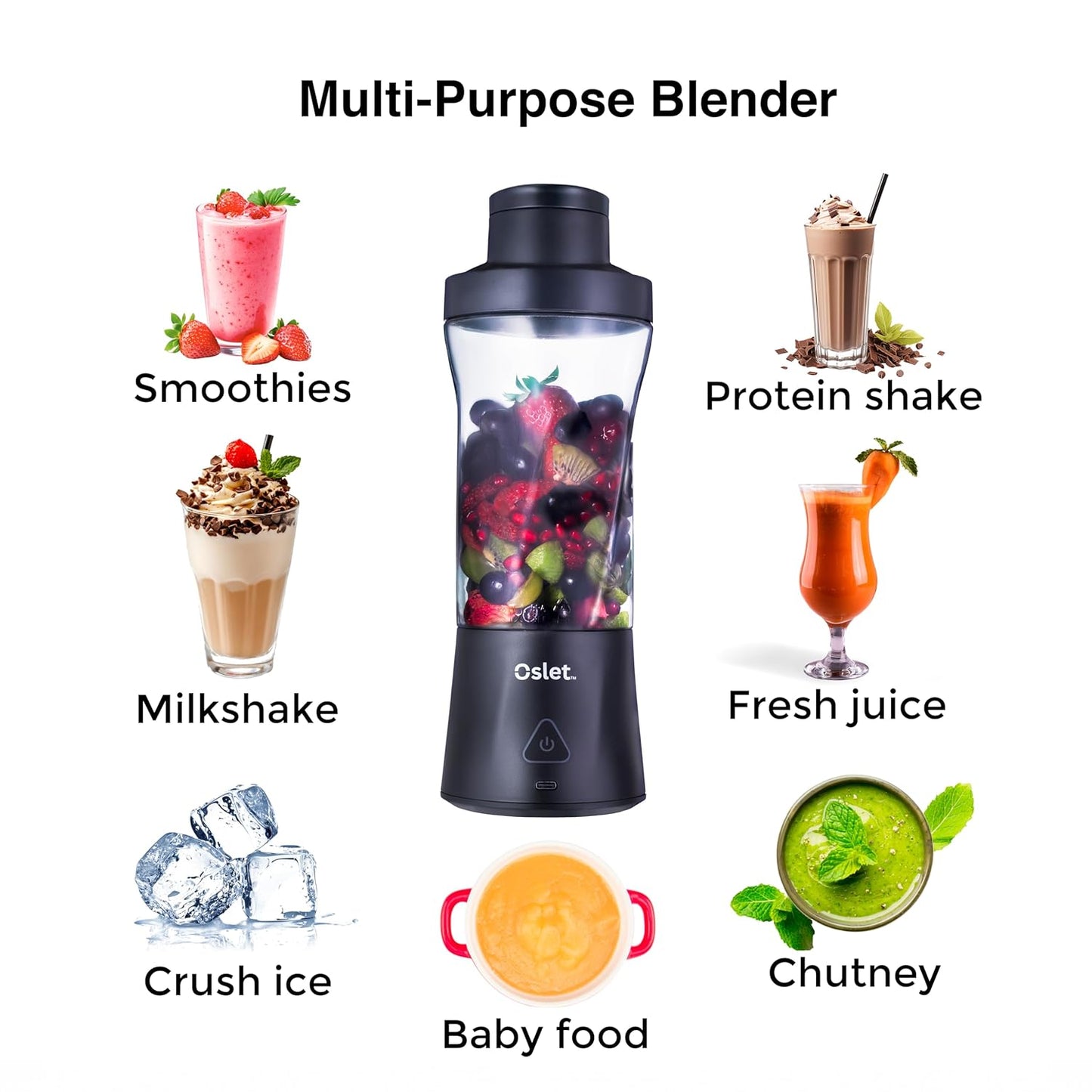Oslet HydraMax 360W Portable Blender 700ml | 22,000 RPM | 6000mAh Battery (35+ Blends) | 6 Stainless Blades | Fast Charging | BPA-Free | Waterproof | Multi-Purpose for Smoothies, Shakes & Baby Food