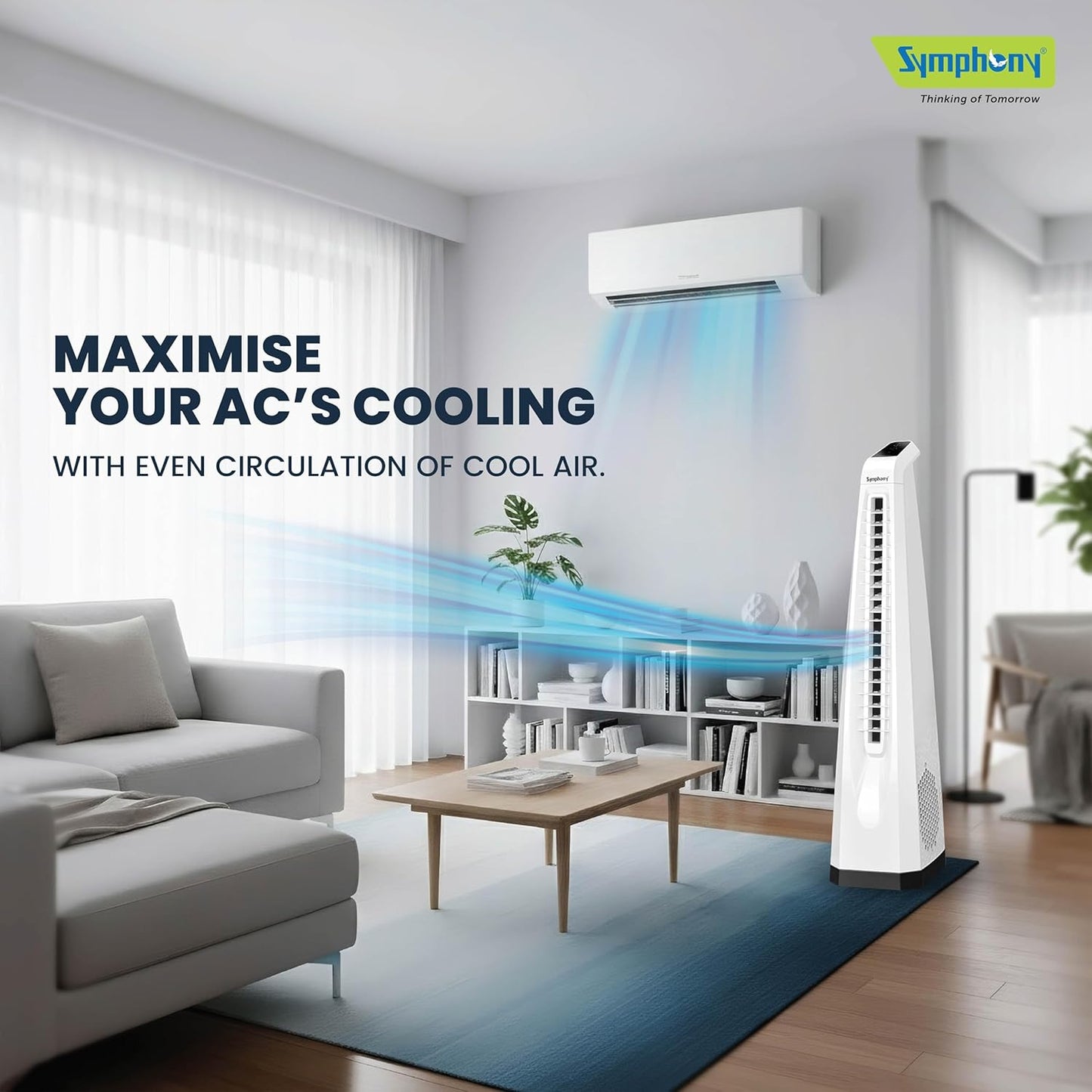 Symphony Surround-i Bladeless Tower Fan for Room | High-Speed with Swivel Action, Touchscreen Control Panel & Remote | 1 Year Warranty | White