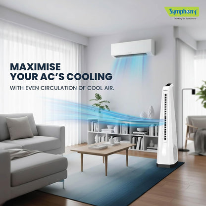 Symphony Surround-i Bladeless Tower Fan for Room | High-Speed with Swivel Action, Touchscreen Control Panel & Remote | 1 Year Warranty | White