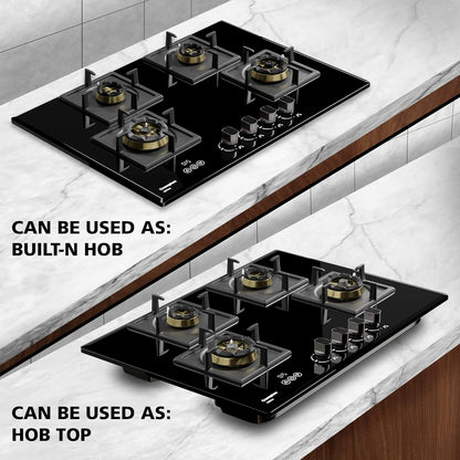 Crompton Optime 90 cm 4 Burners Built-in Glass HOB with Digital Timer, Full Brass Burners & 3D Flame Technology (HOB-OPFB905TI-MBL, Midnight Black)