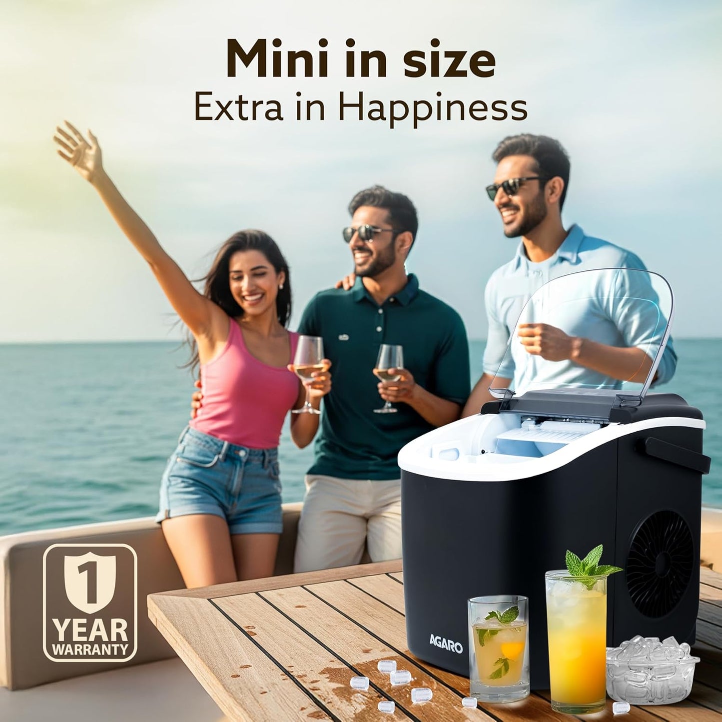 AGARO Marvel Ice Maker 1.2L Countertop Portable Machine, 9 Cubes in 6 Mins, 2 Bullet Ice Sizes, Fast Ice Making for Home Kitchen, Office, Parties, Self-Cleaning with Handle (Black)