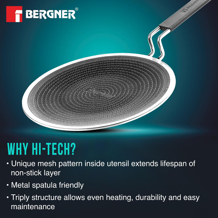 BERGNER Hi-Tech Giro Triply Stainless Steel 28cm Roti Tawa, Honeycomb Mesh Non-Stick Coating, PFOA Free, Even Heat Distribution, Sturdy and Durable Stay Cool Handle - Induction and Gas Stove Ready