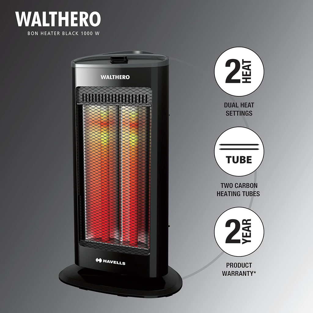 Havells Walthero 1000 Watt Room Heater with Two Carbon Heating Tubes| Tip Over Protection| Silent Operation| Anti Rust Protection| 2 years Manufacturer Warranty (Black)