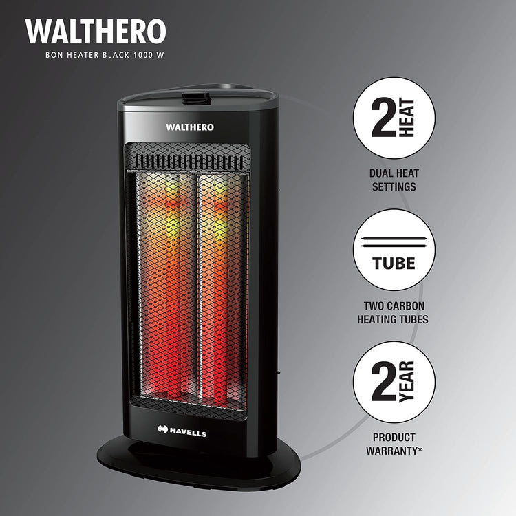 Havells Walthero 1000 Watt Room Heater with Two Carbon Heating Tubes| Tip Over Protection| Silent Operation| Anti Rust Protection| 2 years Manufacturer Warranty (Black)